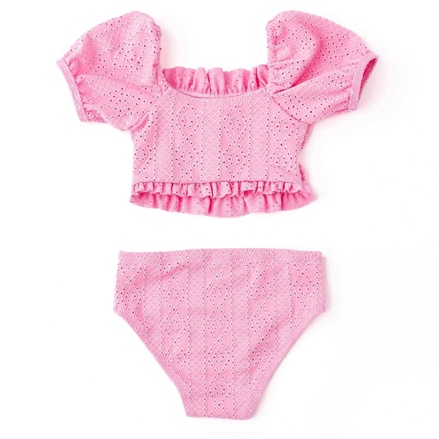 Pink Girls Eyelet Smocked Puff Sleeve Two Piece Swim Set 4t-14