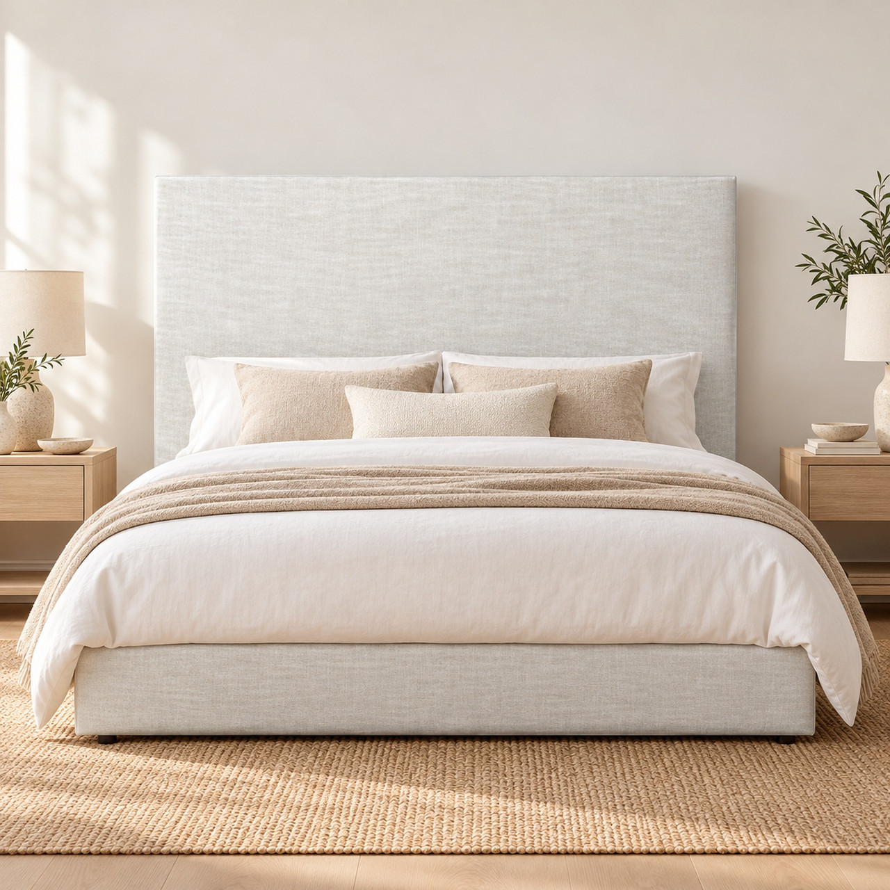 Lucca upholstered bedhead styled in a warm neutral bedroom
