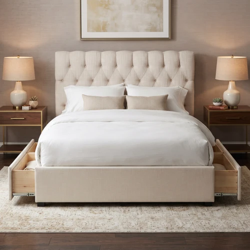 Venazza buttoned upholstered storage bed, front view with drawers extended on both sides