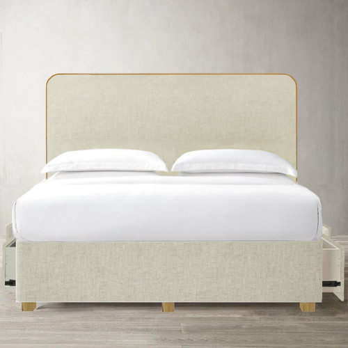 Como upholstered drawer storage bed with rounded piped bedhead, styled front view with side drawers open