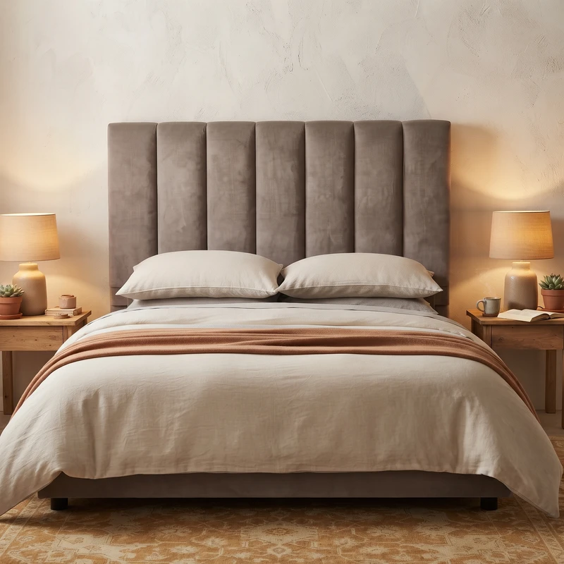 Florence vertical panelled upholstered bedhead in a neutral bedroom, front view
