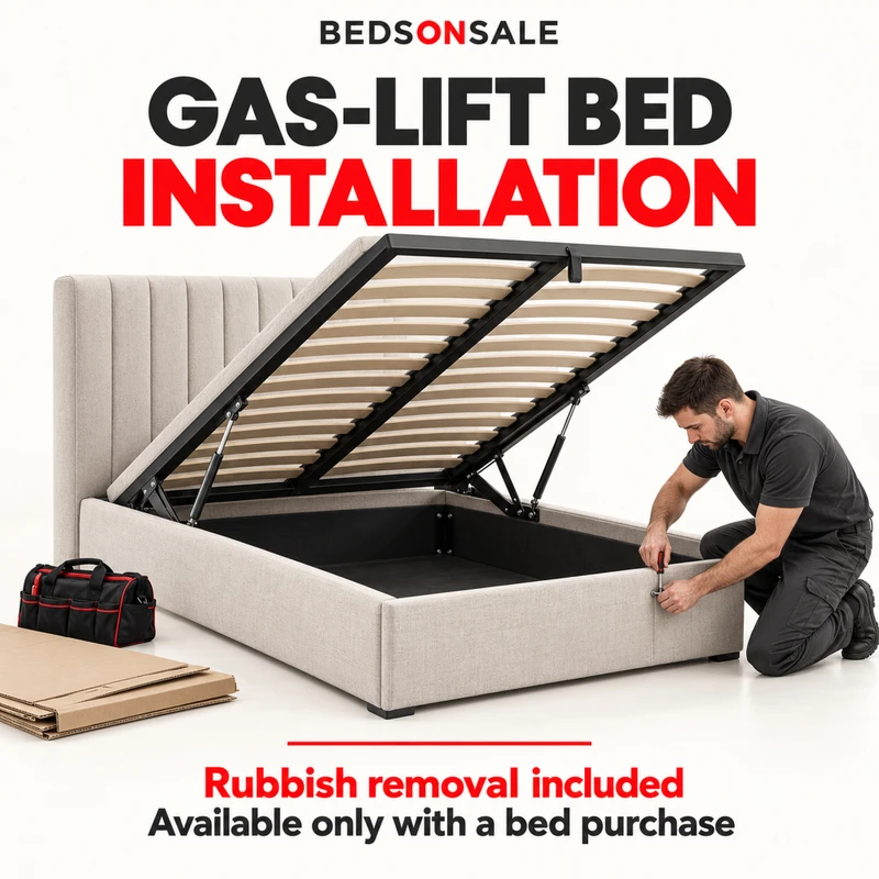 Headboard and gas-lift base installation service with rubbish removal, available only with a Bedsonsale bed purchase