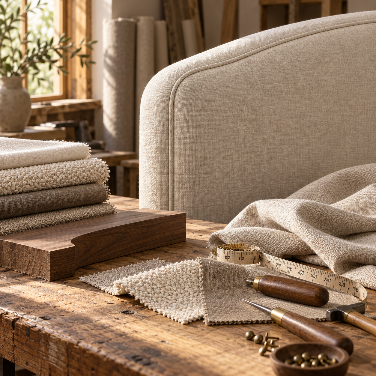 Illustrative upholstery craftsmanship scene with linen, boucle, timber and tools
