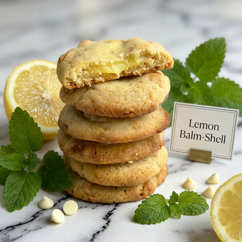 Stack of Lemon Balm-Shell artisan cookies with herbal lemon balm curd center on marble by In The Black Cookie Co.