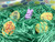 Easter green grass lays below 4 Easter sugar cookies and a purple bunny peep, A multi colored easter egg ribbon with white background is flowing in the background . The purple peep bunny is in the center of the green grass, eggs to the left of it upper and lower. eggs to the right upper and lower like a square shape. Upper left egg sugar cookie is decorated in blue dominate multi colored sugar the lower is decorated in red sugar. The right egg sugar cookie is decorated in red dominate multicolored sugar and the lower right is decorated in a light green sugar.