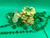 Clover sugar cookies with green sugar laying on St. Patrick's Day bead necklace, green clover decoration and gold coins. Against green background.