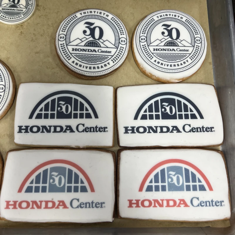 Honda Center 50th logo cookies arranged on a tray.