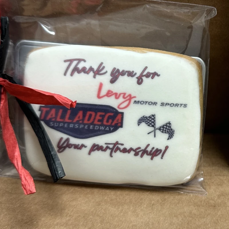 A bag of thank-you cookies for Lowy Motor Sports and Talladega Superspeedway.
