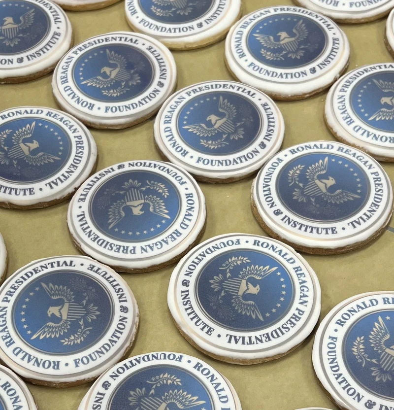 Round cookies printed with the Ronald Reagan Presidential Foundation and Institute seal.