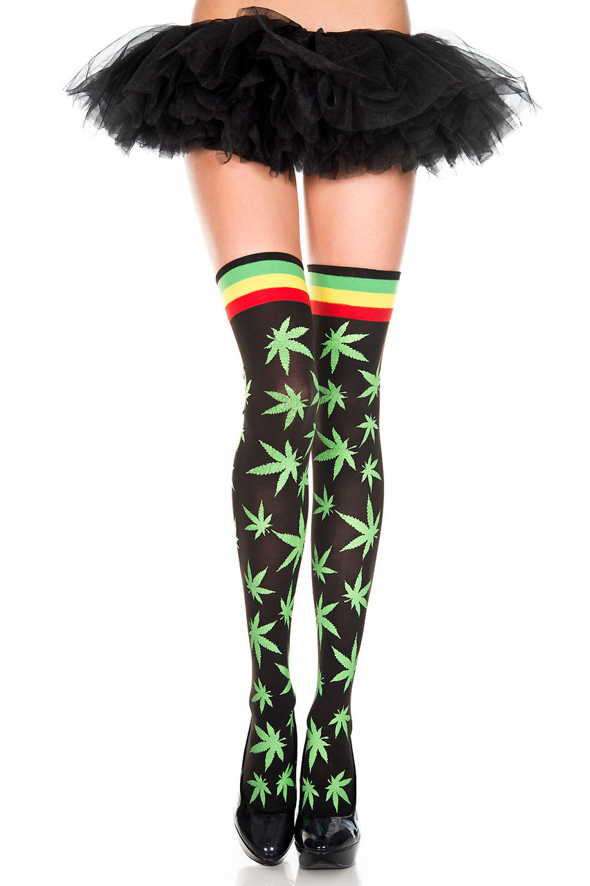 Sexy Black/Green/Yellow/Red Music Legs Striped Top Leaf Print