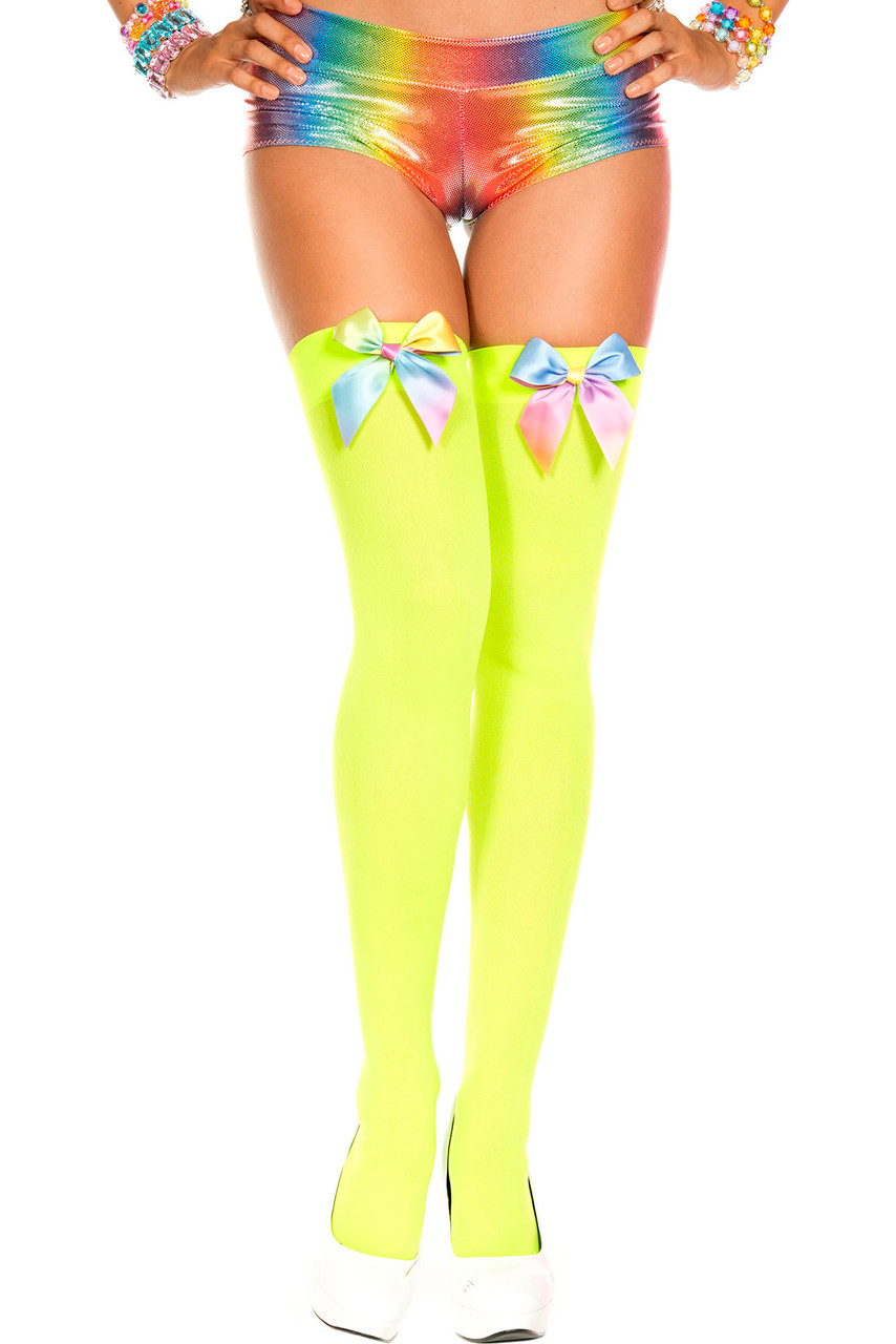 Music Legs Calze Coscia Donna In Raso Bianco Con Fiocco Arcobaleno – Un Paio – 100% Nylon
