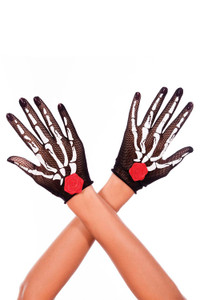 Skeleton & Roses Wrist Length Fishnet Gloves
