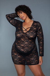 Criss-Cross Strap Neck Long Sleeve Lace Chemise Criss-Cross Strap Neck Long Sleeve Lace Chemise