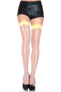 Pastel Metallic Rainbow Striped Fishnet Thigh Highs