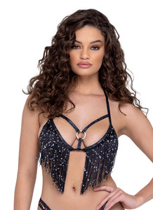 Sequin Fringe Fishnet Triangle Halter Bikini Top Sequin Fringe Fishnet Triangle Halter Bikini Top