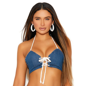 Denim Halter Tie Front Crop Top Denim Halter Tie Front Crop Top