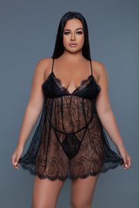 Sheer Rose Lace Babydoll and G-String Set