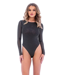 Rhinestone High Neck Long Sleeve Thong Bodysuit