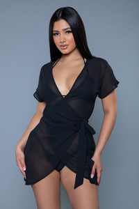 Sheer Wraparound Tie Waist Cover-Up Mini Dress Sheer Wraparound Tie Waist Cover-Up Mini Dress