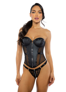 Faux Leather & Mesh Studded Zipper Corset & Thong Set Faux Leather & Mesh Studded Zipper Corset & Thong Set