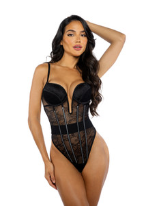 Lace & Satin Plunging Underwired Thong Teddy Lace & Satin Plunging Underwired Thong Teddy