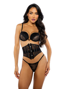Lace & Satin Plunge Underwire Bra, Waist Cincher & Thong Set Lace & Satin Plunge Underwire Bra, Waist Cincher & Thong Set