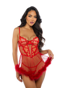 Baroque Heart Mesh & Marabou Babydoll & Thong Set