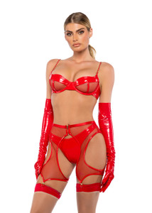 Faux Leather & Mesh Bra, Garter Chaps & Thong Set Faux Leather & Mesh Bra, Garter Chaps & Thong Set