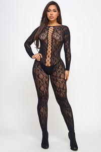 Long Sleeve High Neck Lace Criss-Cross Strap Bodystocking