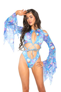 Graphic Print Bell Sleeve Strappy Thong Bodysuit