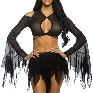 Mesh Bell Sleeve Cold Shoulder Flowy Crop Top