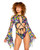Graphic Print Bell Sleeve Strappy Thong Bodysuit