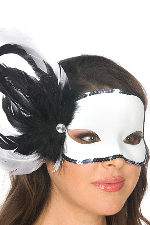 White Mask with Black Feathers and Sequins