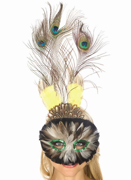 Brown, Green and Yellow Peacock Feather Mask