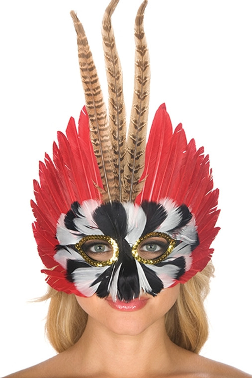 Black, White, Brown and Red Feathers Mask