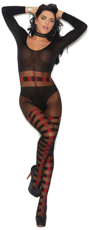 Sheer Opaque Long Sleeve Striped Bodystocking