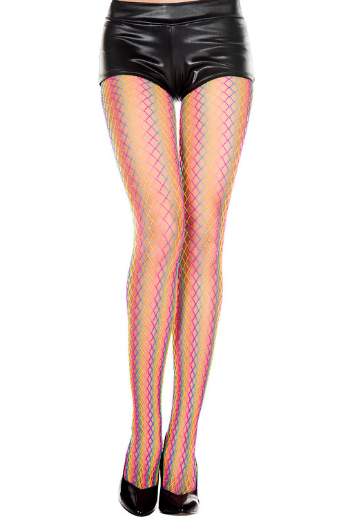 Neon Rainbow Striped Diamond Net Pantyhose