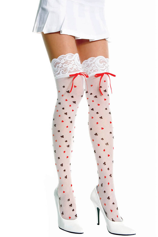Opaque Card Suit Print Lace Top Thigh Highs