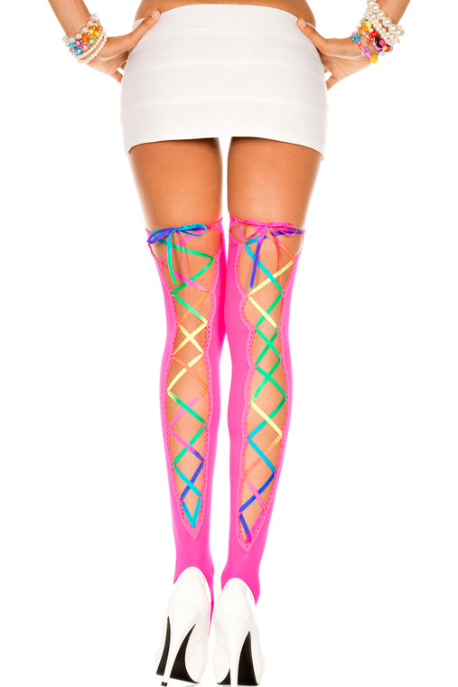 Neon Rainbow Ribbon Lace Up Thigh Highs