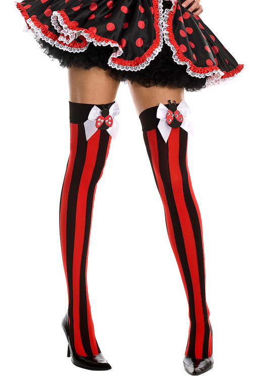 Vertical Striped Lady Bug Bows Thigh Highs