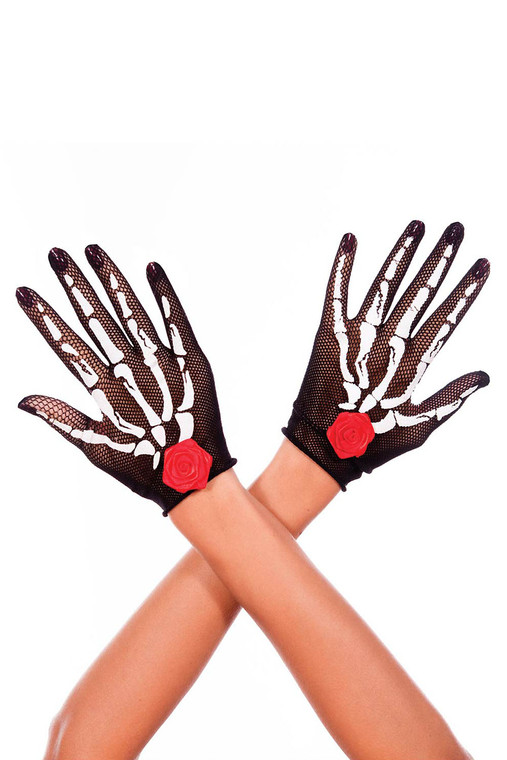 Skeleton & Roses Wrist Length Fishnet Gloves