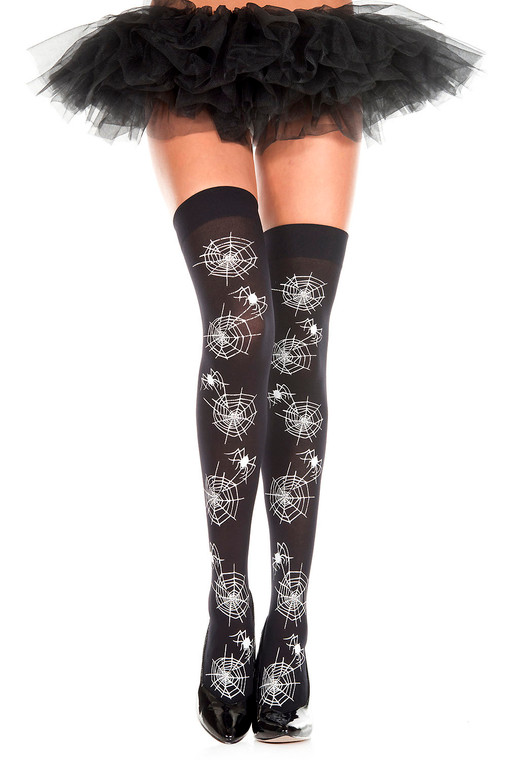 Opaque Spiders and Webs Print Thigh Highs