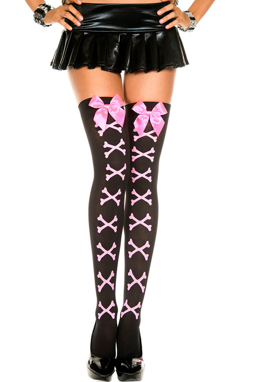 Crossbones and Bows Opaque Thigh Highs