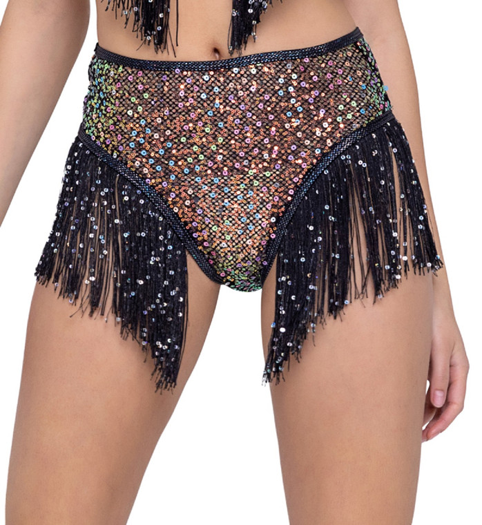 Sequin Fringed Fishnet High Waist Booty Shorts