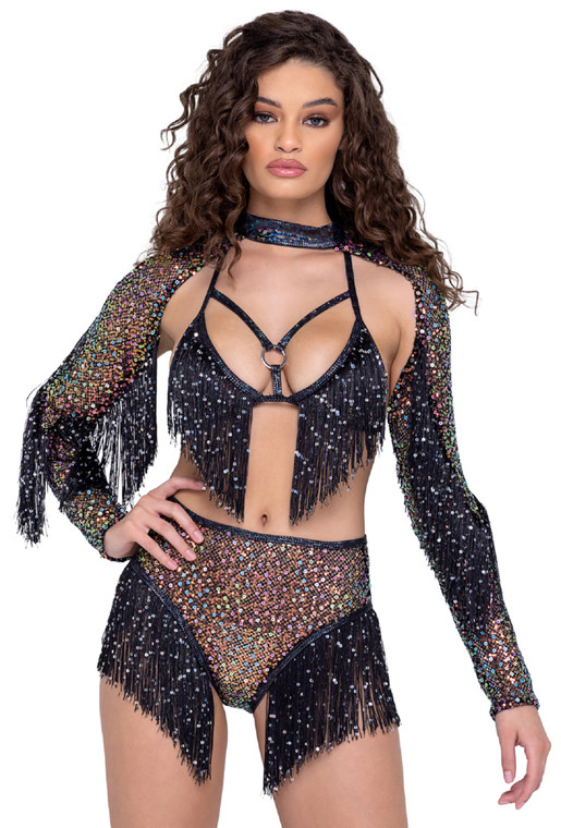 Sequin Fringed Fishnet Long Sleeve Shrug