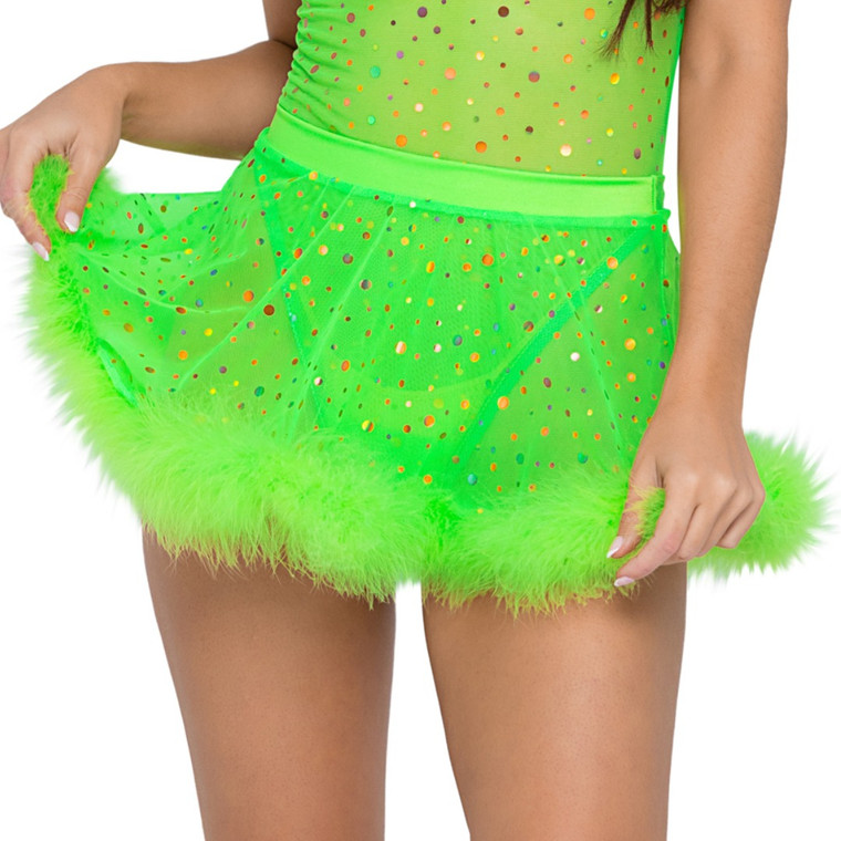 Sheer Dotted Marabou Trimmed Mini Skirt