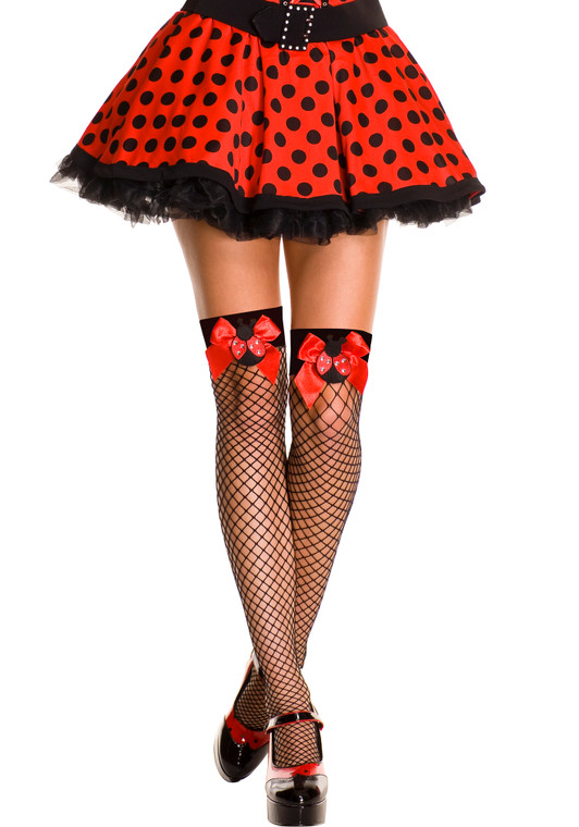 Ladybugs and Bows Fishnet Thigh High Stockings