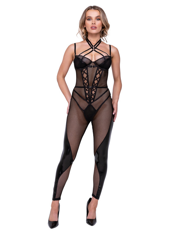 Fishnet & Faux Leather Footless Strappy Catsuit