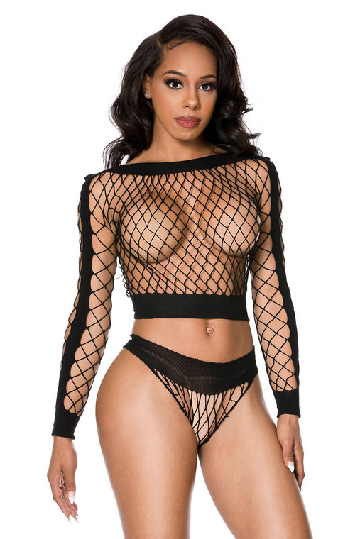 Long Sleeve High Neck Diamond Net Crop Top & Panty Set