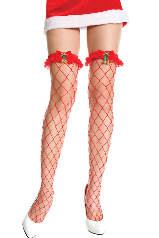 Bows and Bells Diamond Net Thigh High Stockings